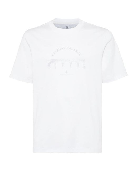 Brunello Cucinelli White Graphic Printed Crewneck T-Shirt for men