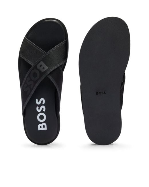 Boss Black Logo-Print Leather Slides for men