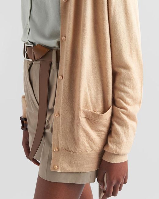 Prada Natural Triangle-Logo V-Neck Cardigan