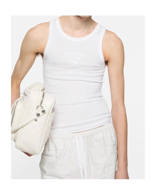 Acne White Logo-Print Ribbed Tank Top for men