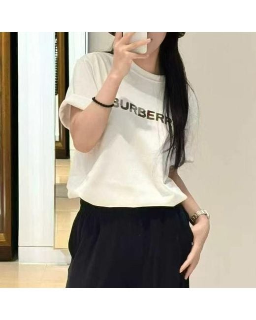 Burberry White Checked Logo Crewneck T-Shirt