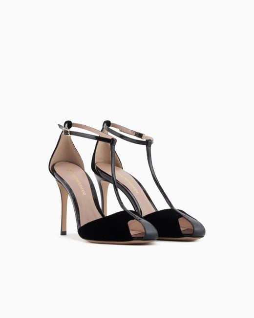 Emporio Armani Black 95Mm Velvet T-Bar Sandals