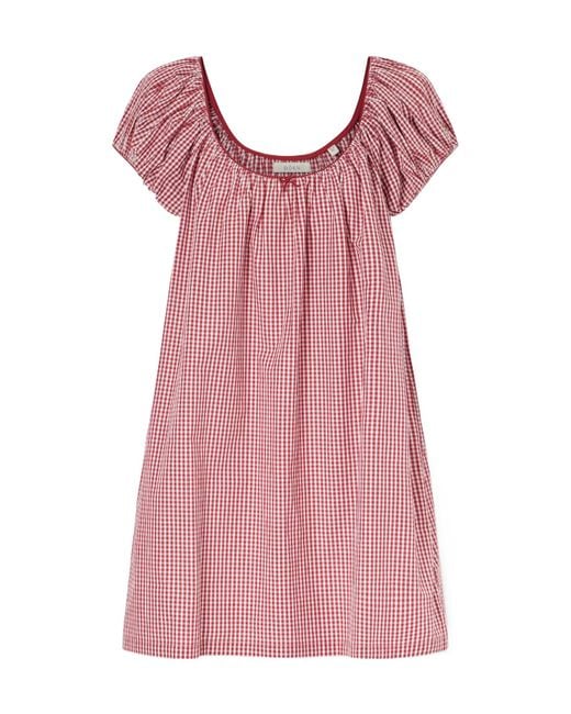 Doen Pink Julia Gathered Checked Organic Cotton Midi Dress