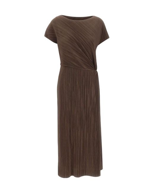 Vince Brown Pleated Knot-Waist Midi Dress