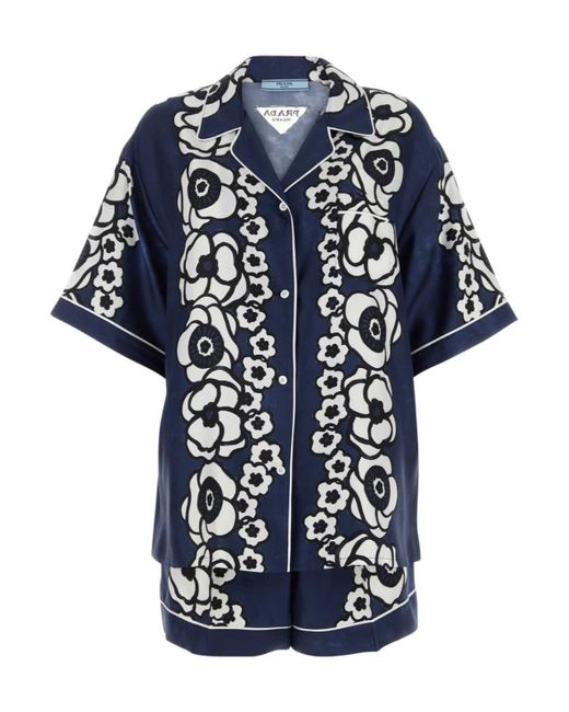Prada Blue Floral-Print Short Pyjamas