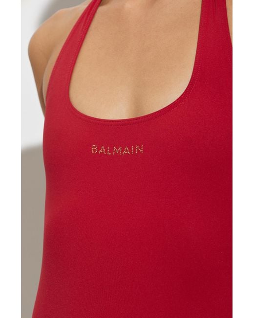 Balmain Red Lace-Up One-Piece Swimsuit