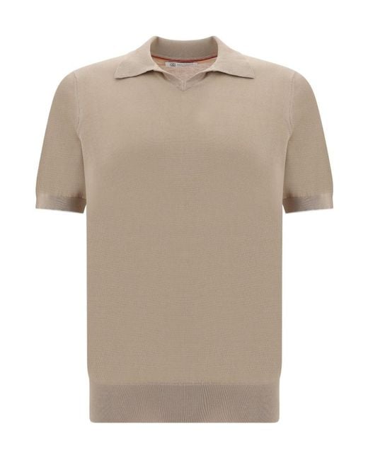Brunello Cucinelli Natural Short-Sleeved Fine-Knitted Polo Shirt for men