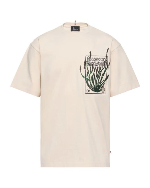 Moncler White Grenoble Embroidered Botanical Motif T-Shirt for men