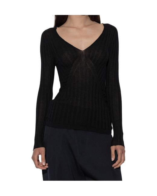 Jil Sander Black Ribbed V-Neck Knitted Top