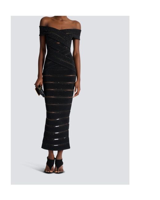Balmain Black Mesh Knit Bodycon Dress