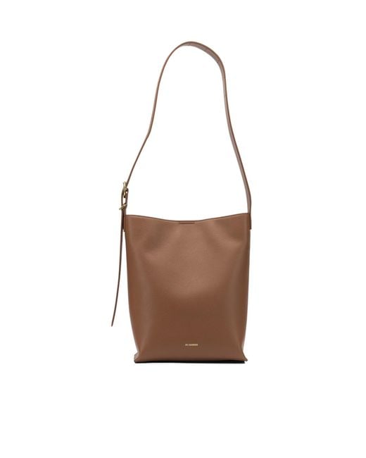 Jil Sander Brown Cannolo Logo Stamped Small Shoulder Bag