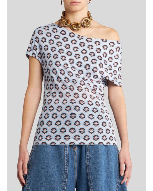 Etro Blue Pattern-Printed Off-Shoulder Asymmetric Top