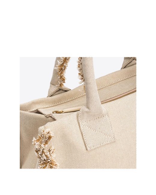 Pinko Natural Logo Embroidered Frayed-Edge Tote Bag