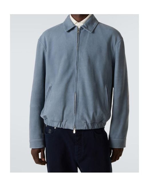 Brunello Cucinelli Blue Leather Jacket for men