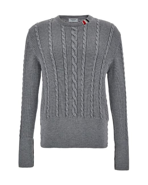 Thom Browne Gray Rwb-Striped Cable-Knitted Crewneck Jumper for men
