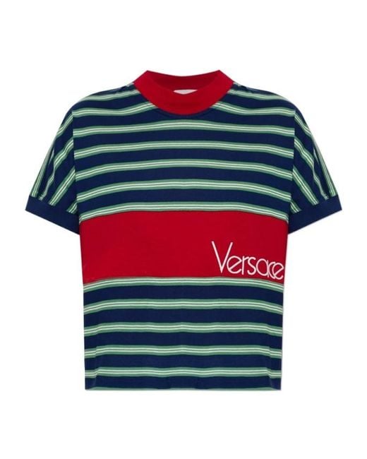 Versace Logo Embroidered Striped Knitted T-Shirt