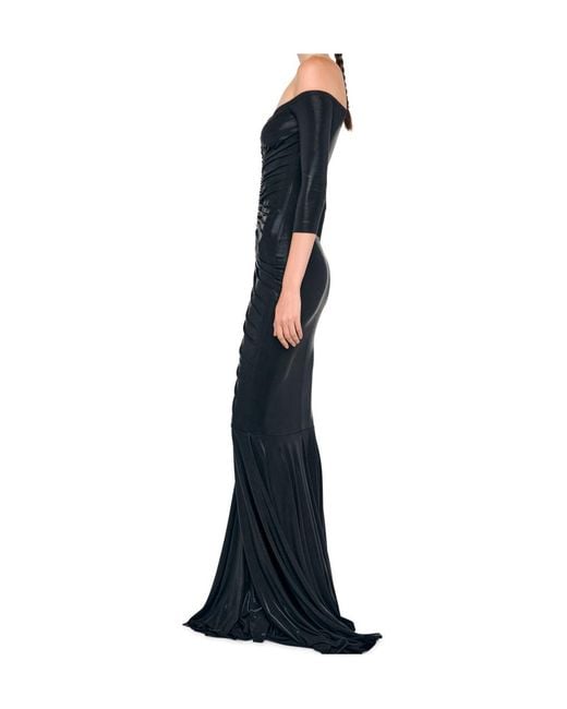 Norma Kamali Blue Off Shoulder Shirred Fishtail Gown
