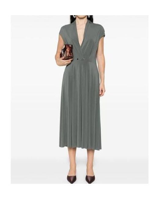 Alberta Ferretti Gray V-Neck Pleat-Detail Dress