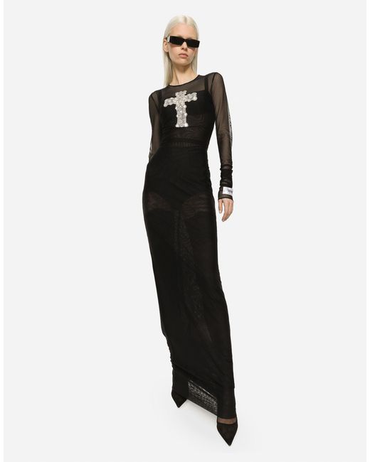 Dolce & Gabbana Black Cross-Embellished Tulle Long Dress