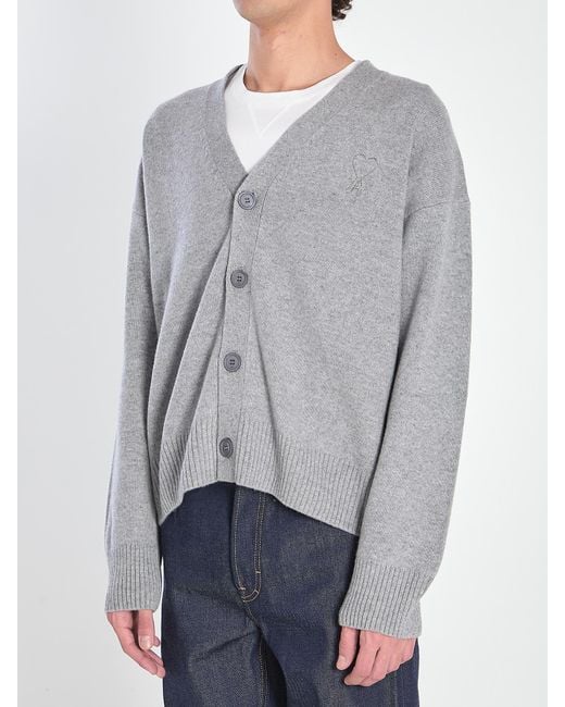 AMI Gray Ami De Coeur V-Neck Buttoned Cardigan for men
