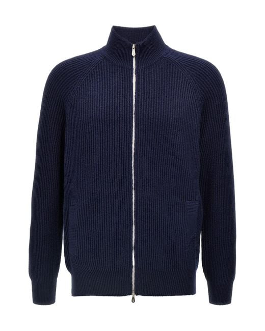Brunello Cucinelli Blue Malfilé English Rib Cardigan for men