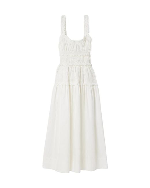 Doen White Marianne Shirred Organic Cotton-Poplin Midi Dress