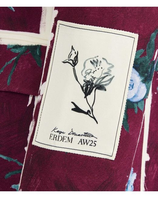 Erdem Red Double-Breasted Floral-Print Satin Coat