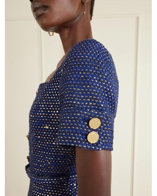Carolina Herrera Blue Tie-Waist Tweed Dress