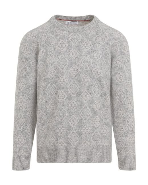Brunello Cucinelli Gray Patterned Crewneck Jumper for men