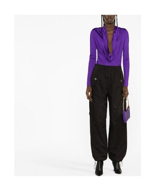 Versace Purple Cowl-Neck Detail Long Sleeve Bodysuit