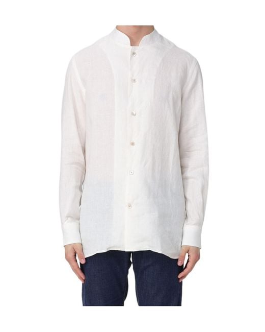 Eleventy White Band Collar Long Sleeve Shirt for men