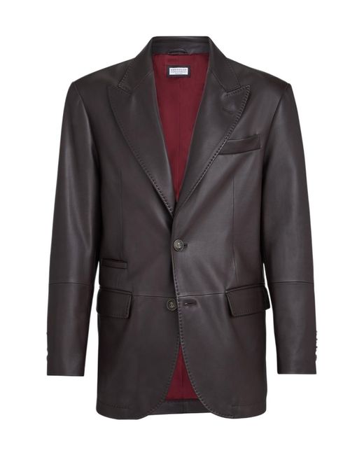 Brunello Cucinelli Blue Peak-Lapels Leather Blazer for men