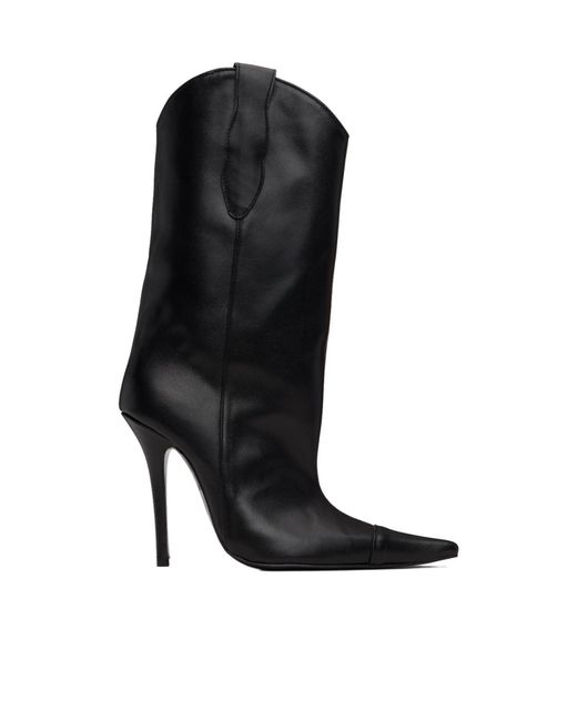 Pushbutton Black Pointed-Toe Leather Boots