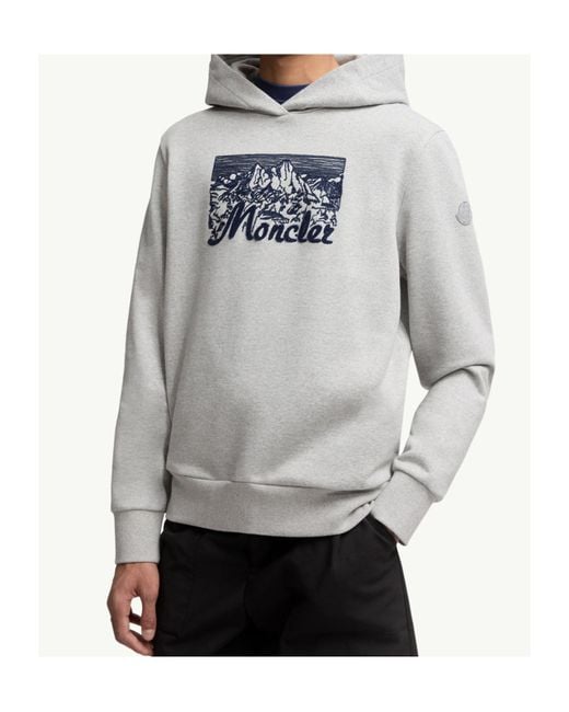 Moncler Gray Embroidered Mountain Logo Cotton Hoodie for men