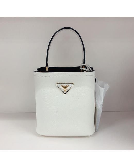 Prada White Small Saffiano Leather Panier Bag