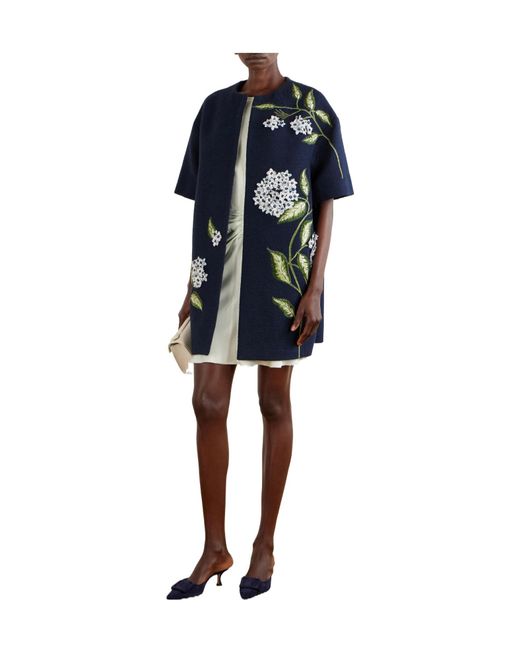 Oscar de la Renta Blue Embellished Embroidered Cotton-Blend Tweed Coat