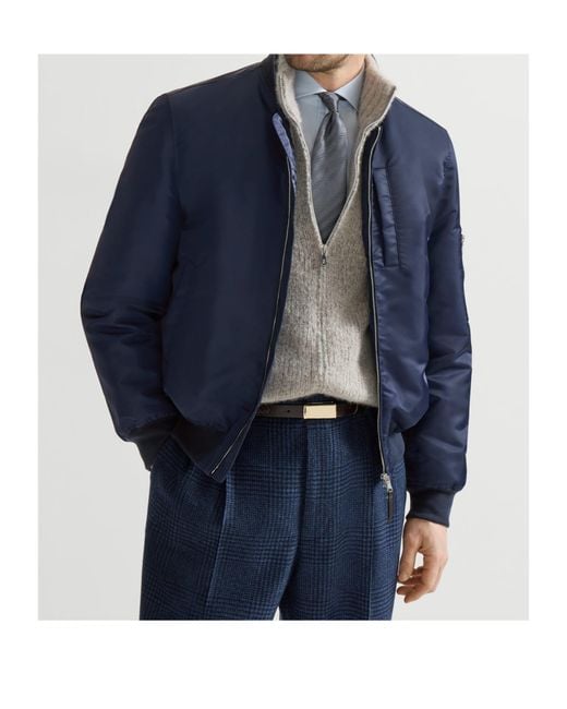 Brunello Cucinelli Blue Ribbed-Hem Jacket for men