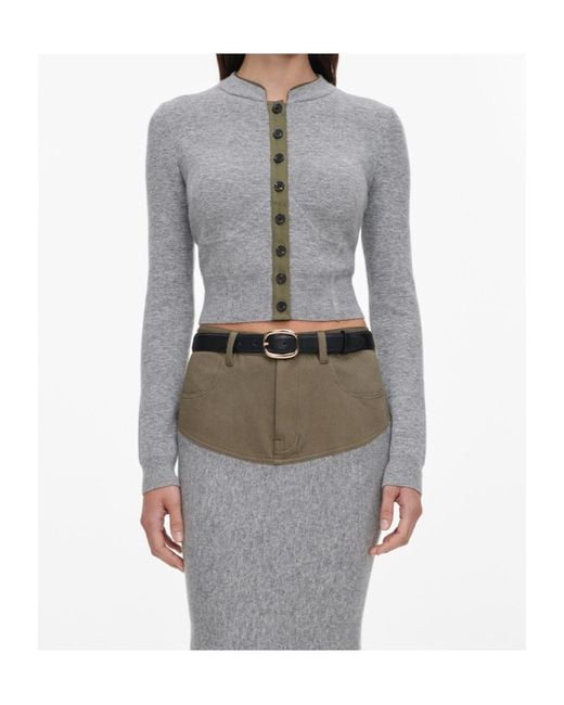 Self-Portrait Gray Knit Khaki Denim Insert Midi Skirt