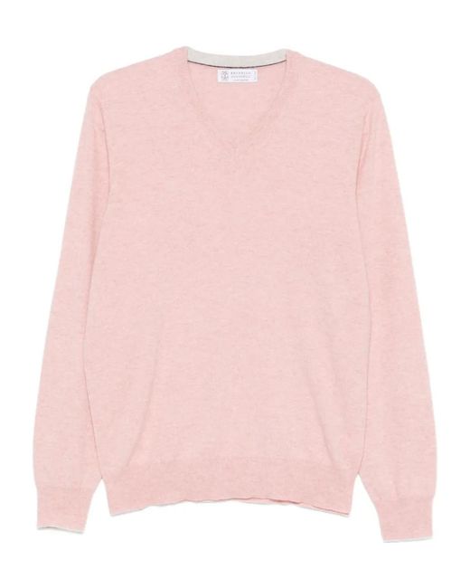 Brunello Cucinelli Pink V-Neck Cashmere Sweater for men