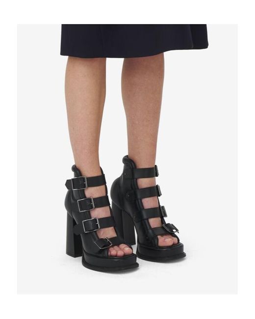 McQueen Black Caged Buckle Strap Sandals
