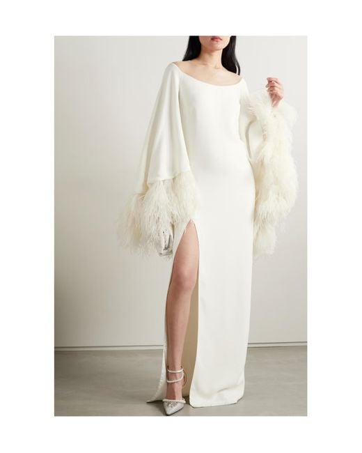 Monique Lhuillier White Feather And Tulle-Trimmed Silk-Crepe Gown