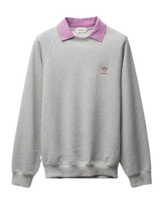 Versace Gray Logo-Embroidered Polo Sweatshirt