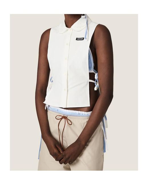 Miu Miu White Slubbed Poplin Side-Tie Sleeveless Shirt