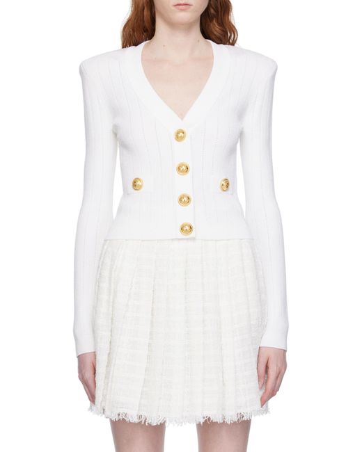 Balmain White Button Embellished Ribbed Knit Cardigan
