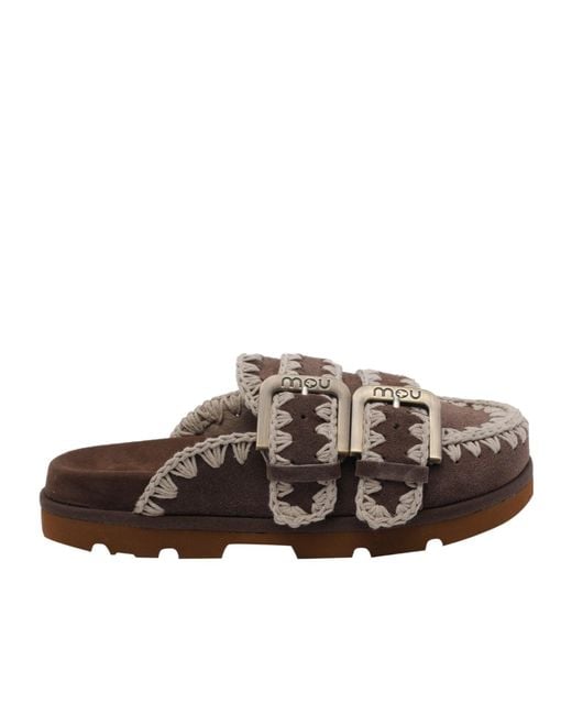 Mou Brown Stitch Detail Buckle Mules
