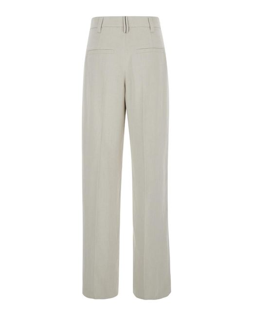 Brunello Cucinelli Gray Monili Bead-Embellished Pleated Trousers