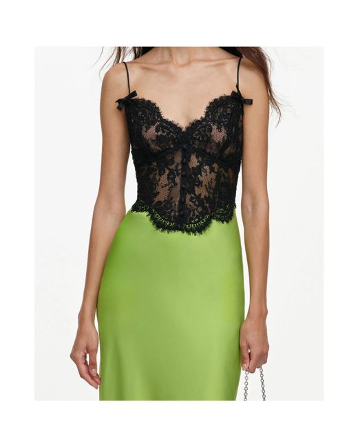 Self-Portrait Green Satin Lace Midi Dress