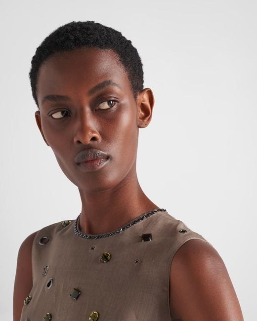 Prada Brown Eyelet-Embellished Sleeveless Dress