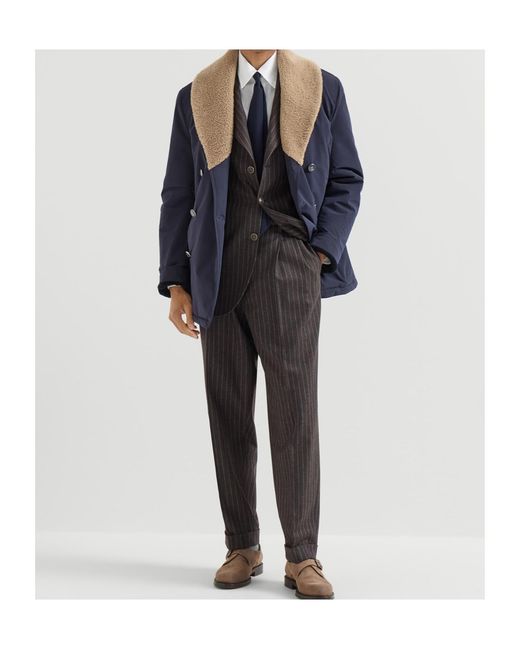 Brunello Cucinelli Gray Virgin Wool And Cashmere Chalk Stripe Trousers With Double Pleats for men