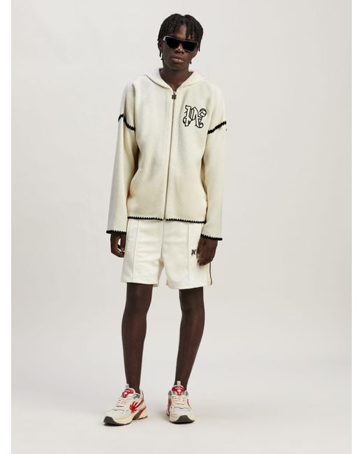 Palm Angels Natural Monogram Embroidered Zipped Knitted Hoodie for men